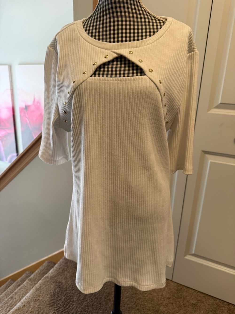 INC International Concepts Cream Ribbed Short Sleeve Top with Front Cutout